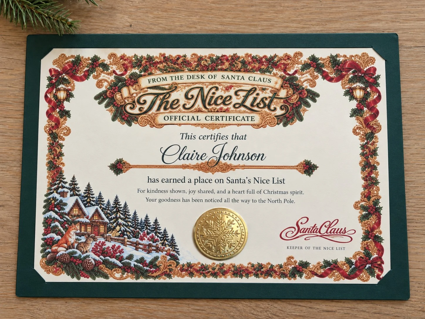 Close-up of the Nice List certificate with the child's name in script and the gold foil seal applied