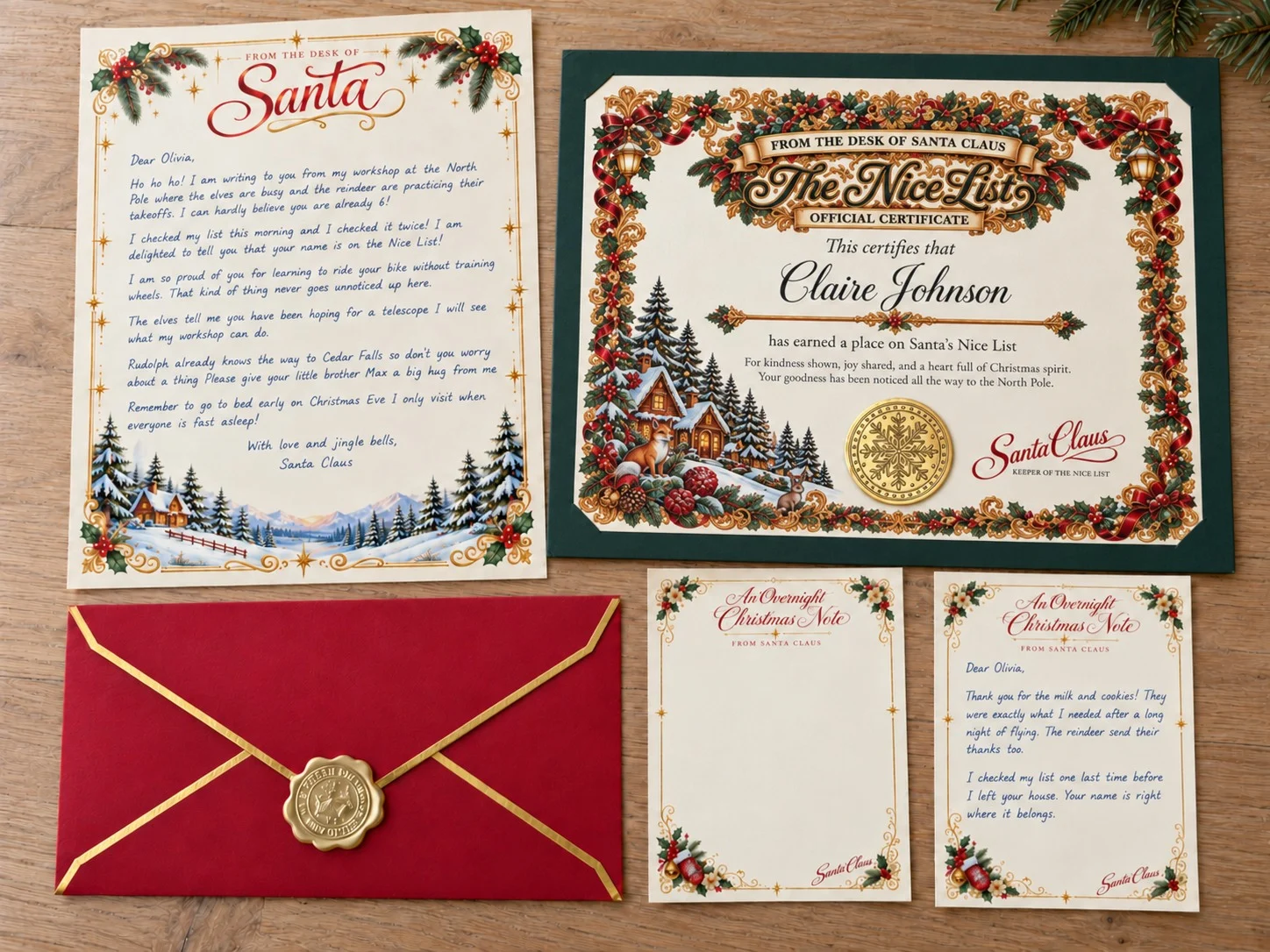 The full spread: Santa’s letter, the Nice List certificate, the sealed red envelope, and both Christmas Eve note cards
