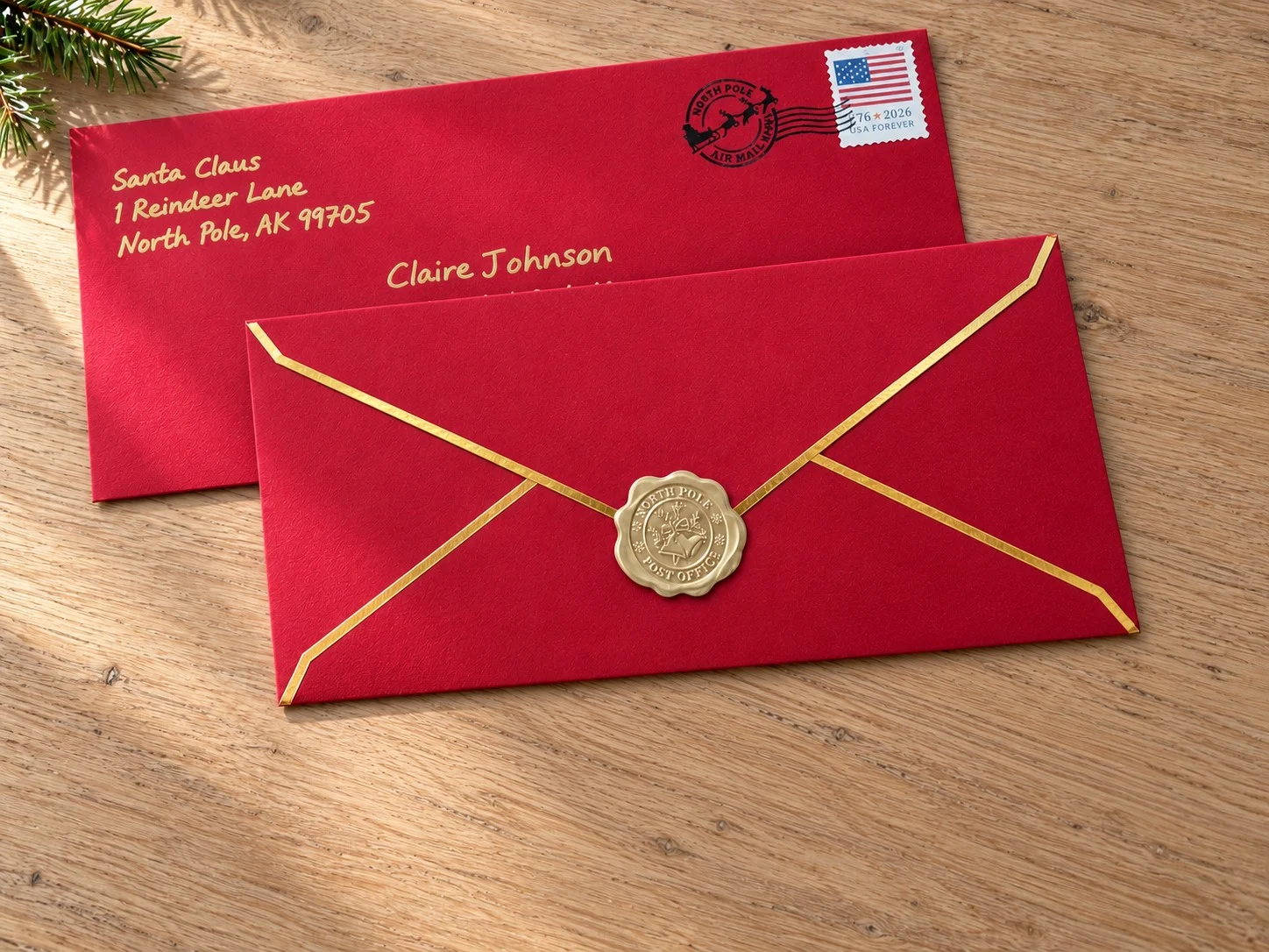 Front and back of the red envelope: addressed to the child in gold ink with a North Pole postmark and stamp, and sealed with the gold North Pole seal