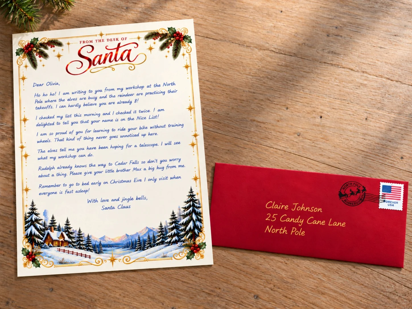 Santa’s letter on his illustrated letterhead beside a red envelope addressed to the child, with a North Pole postmark and stamp