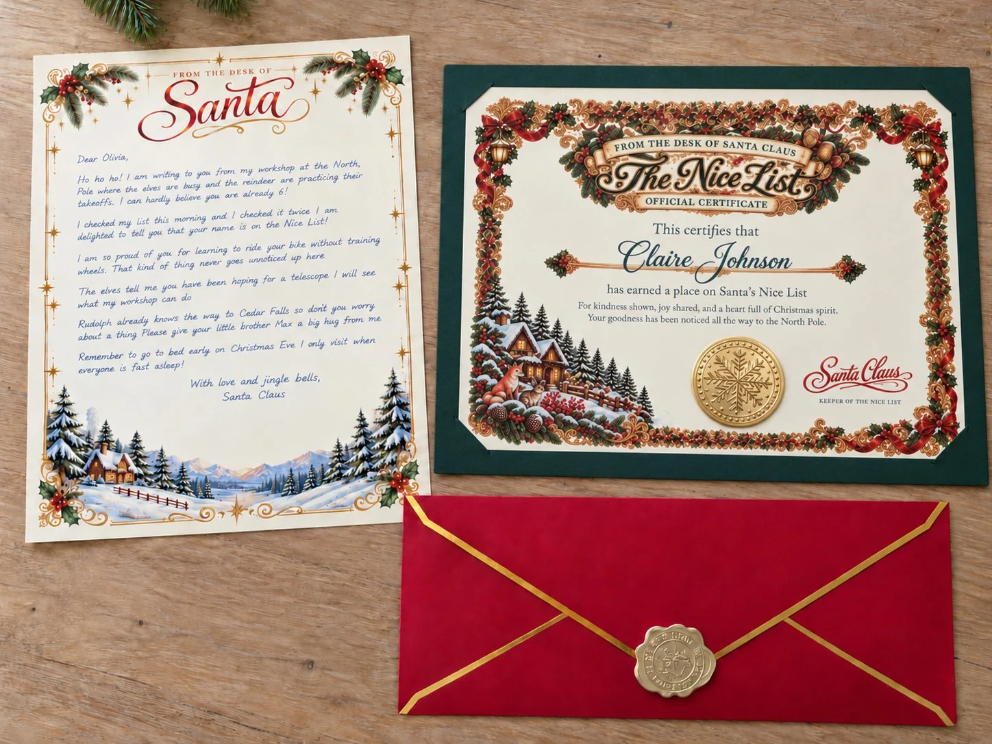 Santa’s letter, the Nice List certificate with its gold seal, and the sealed red envelope, laid out together