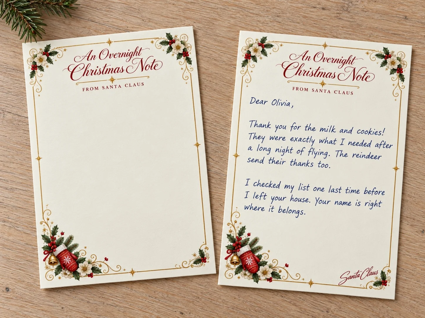 The pair of Christmas Eve note cards: one blank, one written and signed by Santa